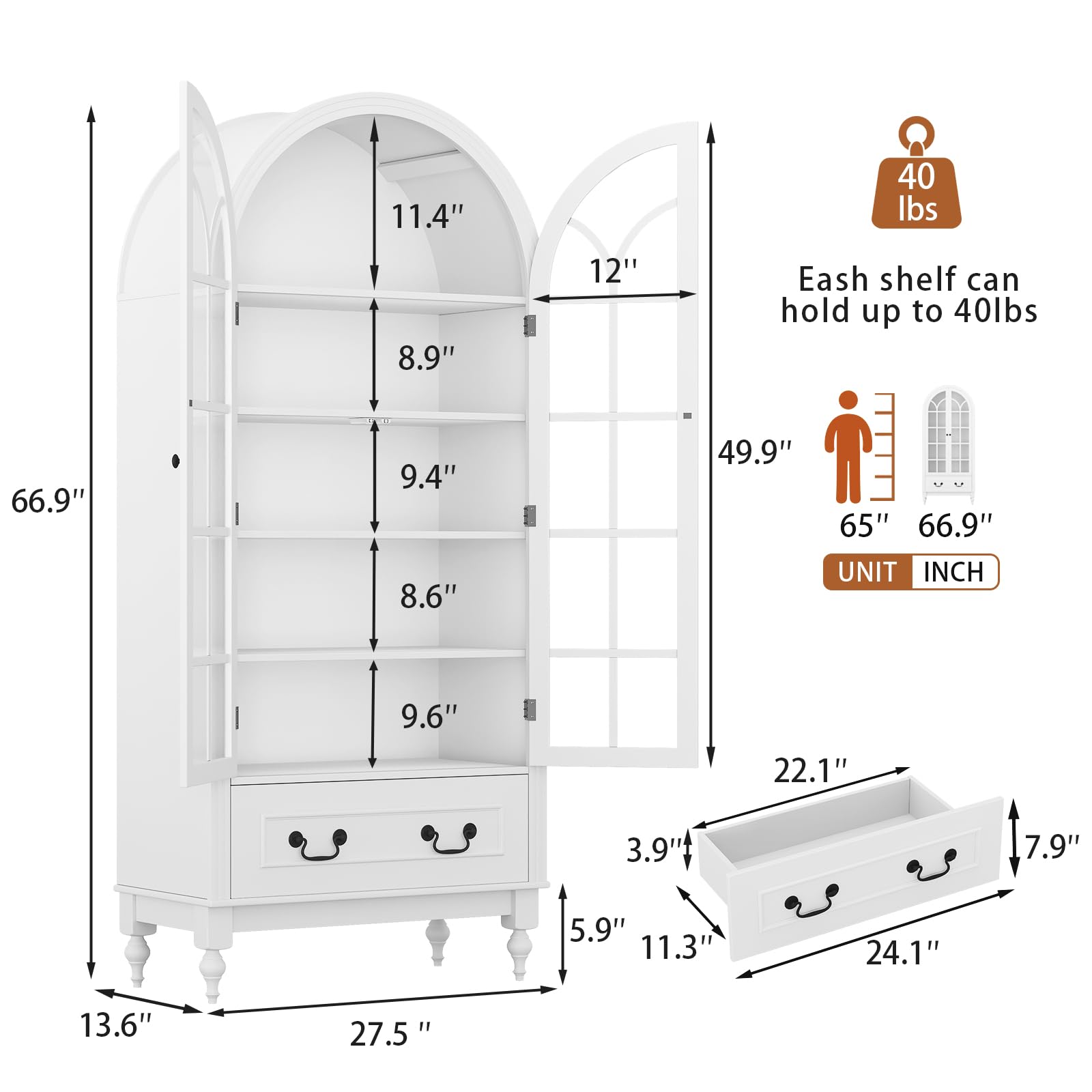 Arched Kitchen Pantry Cabinet with Glass Doors