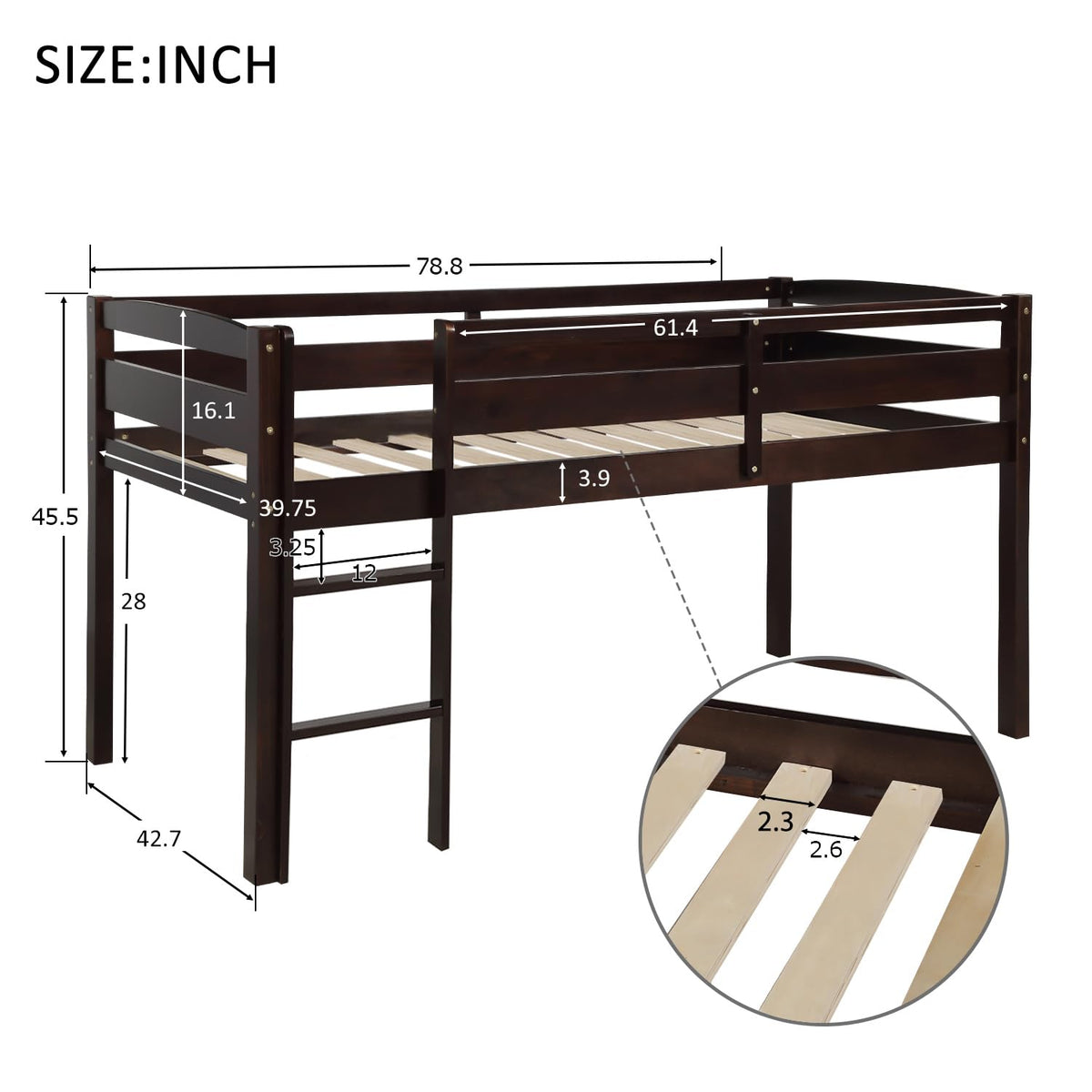 Flieks Low Loft Beds, Twin Wood Loft Bed Low Loft Beds for Kids with Ladder and Guardrails, No Box Spring Required, Easy Assembly，Space Saver (Espresso)