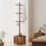 Wood Tree Coat Rack with 10 Hooks & Rolling Wheels
