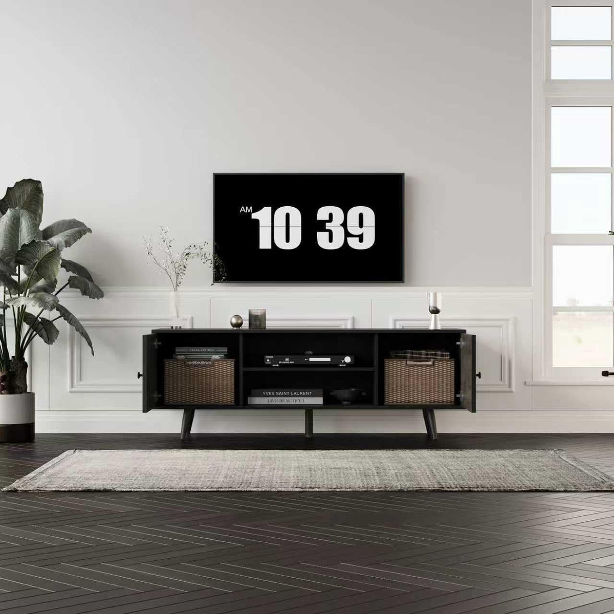 LZLUOB Modern TV Stand with Storage Cabinet, Wood Fashionable TV Cabinet with Waveform Panel and Adjustable Shelf, Entertainment Center TV Stand for TV, Living Room (Advanced Black