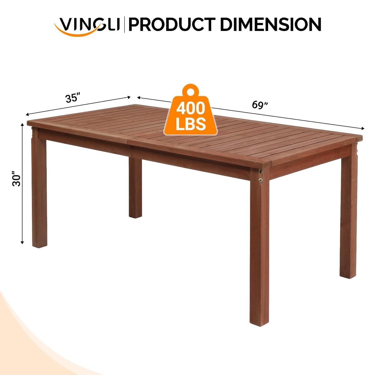 VINGLI 69-inch Large Outdoor Wood Dining Table for Patio, Solid Wood Patio Table Waterproof Wooden Table for Garden, Backyard, Deck - Durable Yard Furniture