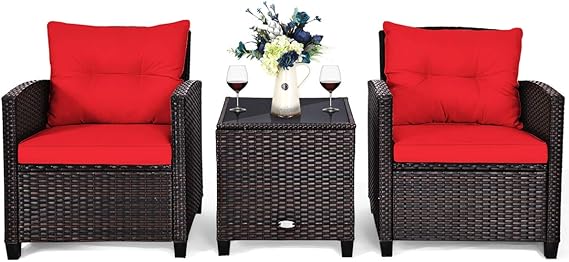 3-Piece Outdoor Rattan Conversation Set with Cushions & Glass Table