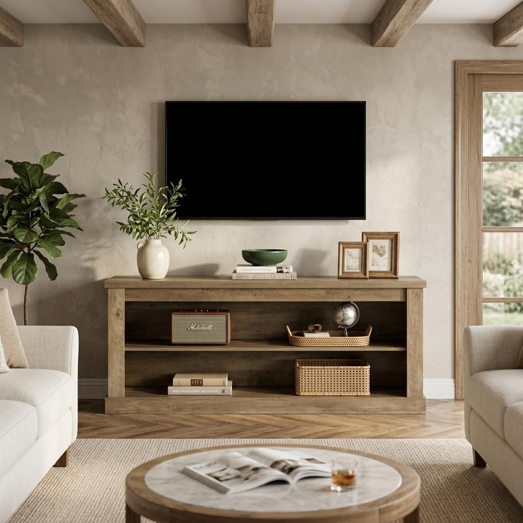 Farmhouse TV Stand with Open Shelves