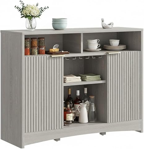 Fluted Panel Bar Cabinet with Adjustable Shelves & Glass Rack