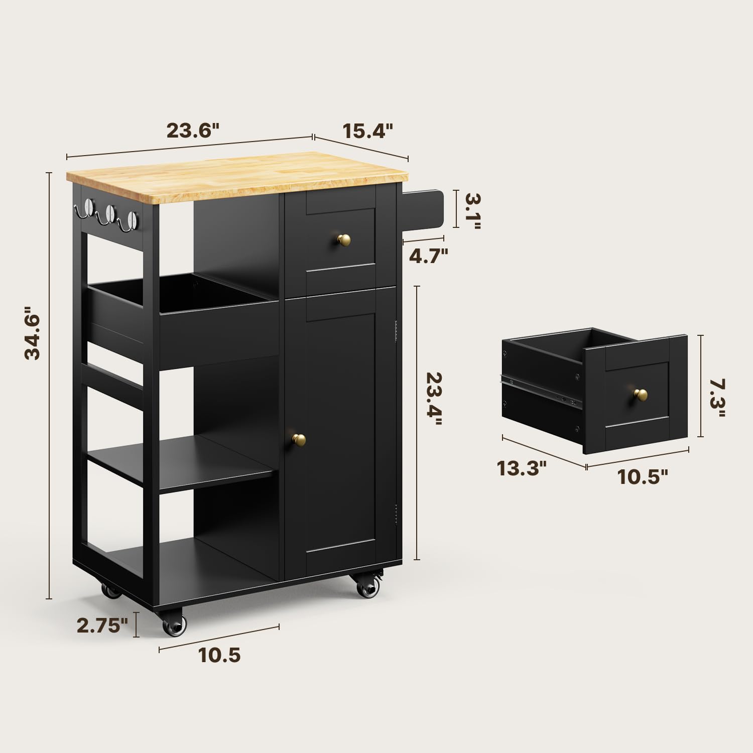 Gizoon Kitchen Island Cart on Wheels, with Thickened Wooden Countertop, Rolling Serving Utility Cart with Drawers and Doors, Bar Cart with Adjustable Shelf and Removable Tray for Dining Room, Black