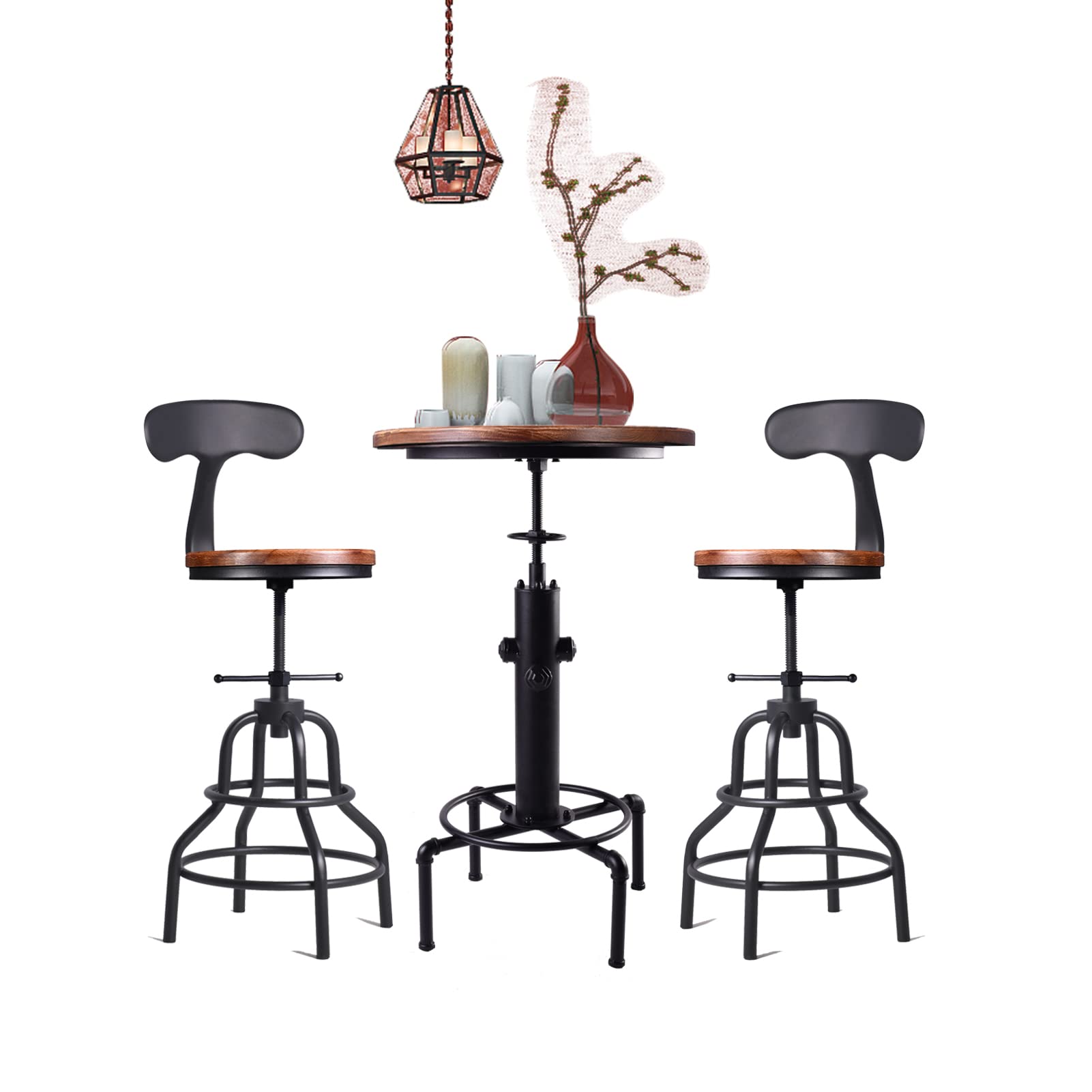 3-Piece Fire Hydrant Table & Chair Sets for Pub Bar Party Bistro Cafe Cocktail, Weld Metal Legs Round Wood Top, Rustic Brown Industrial Black Adjustable Swivel (1×32.3"-36.2" Table, 2×20"-27" Stool)