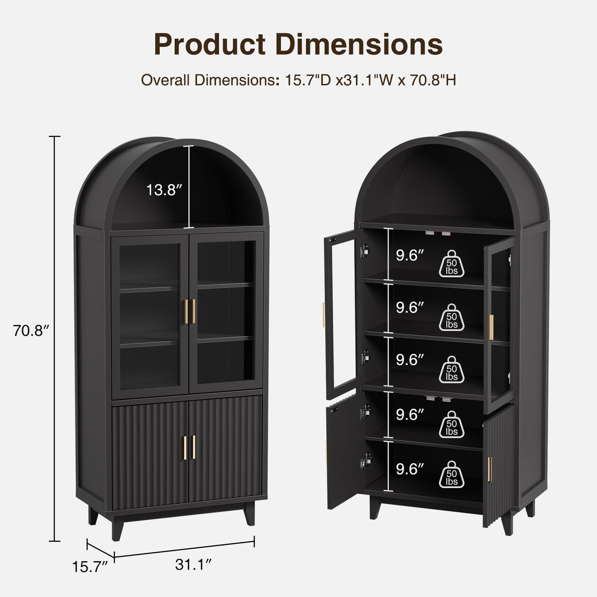 FiveWillowise Kitchen Pantry Cabinet with Glass Doors, Arched Design, Black