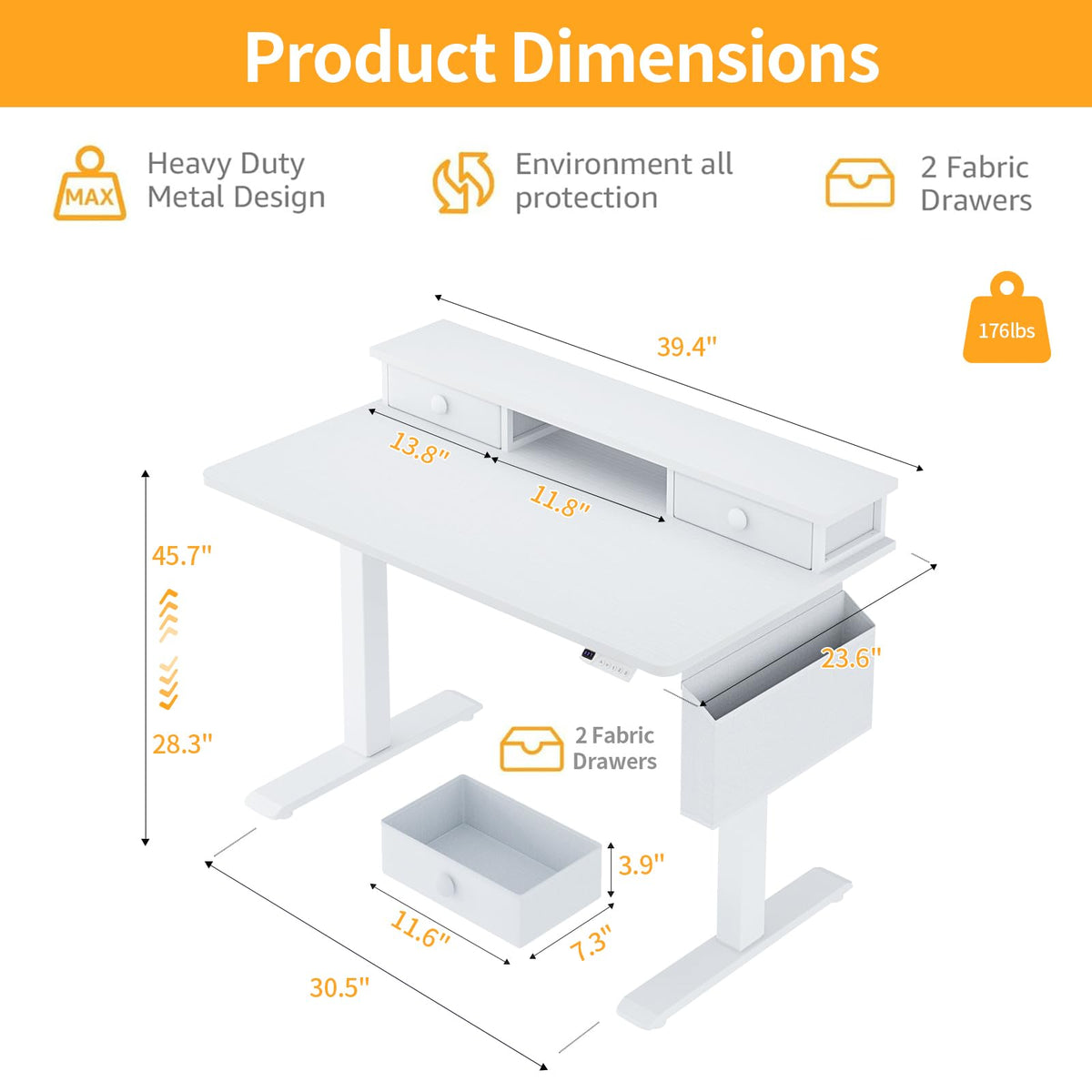 KLUVIS White Electric Standing Desk with Drawers, 40 Inch