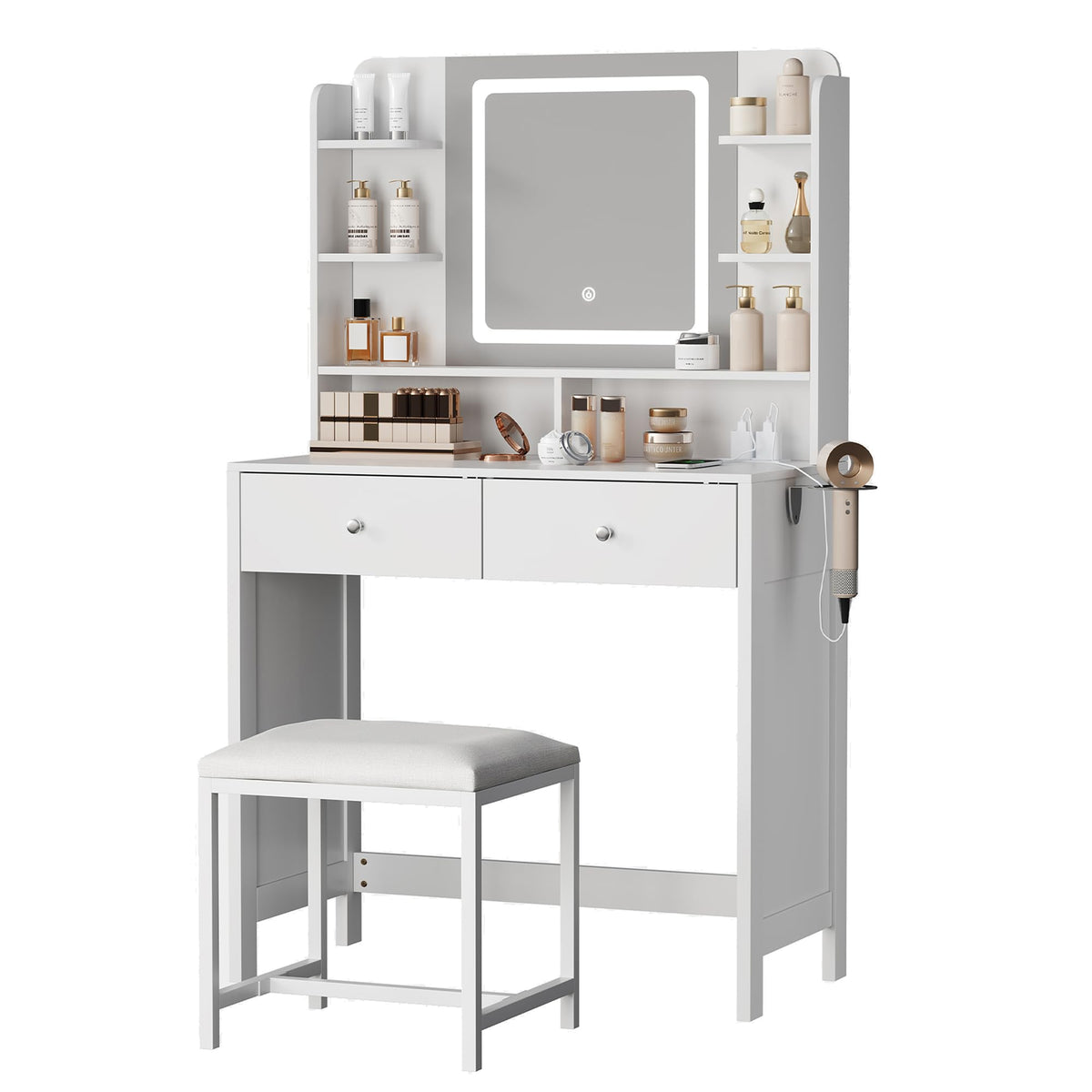 Makeup Vanity with LED Mirror and Stool