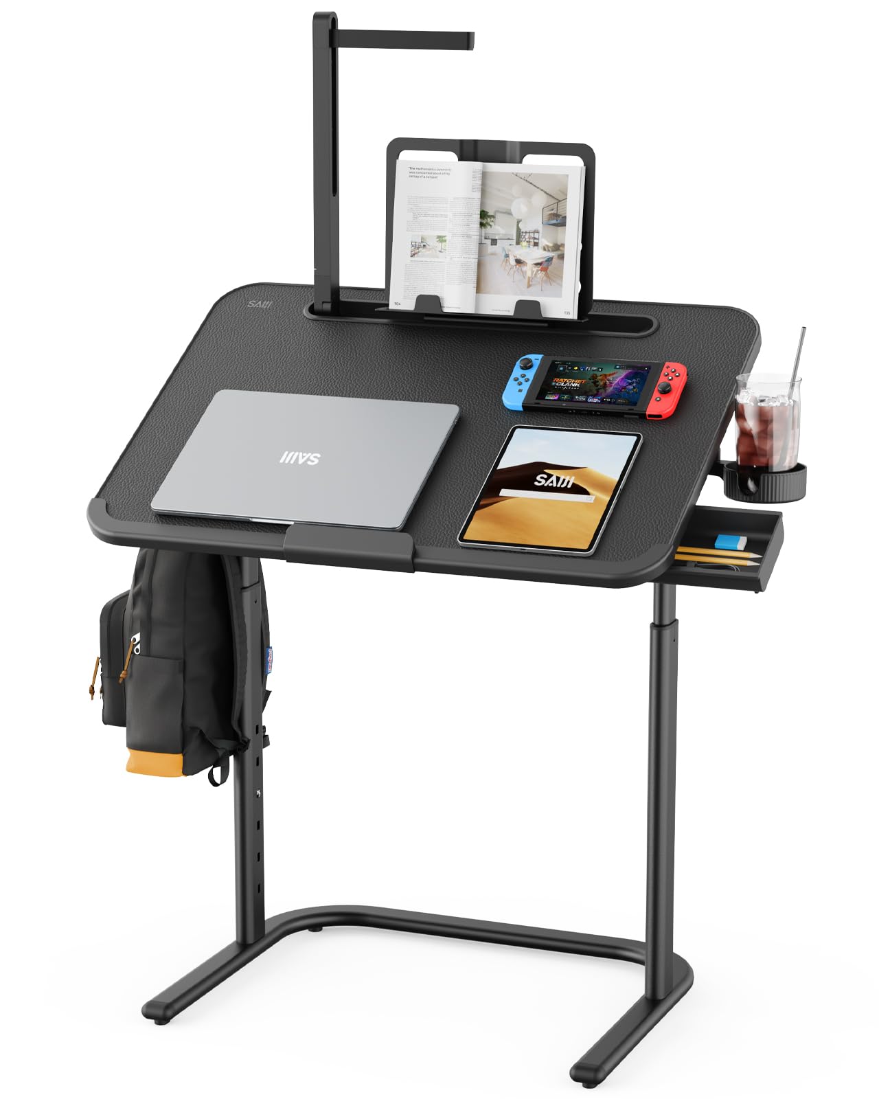 SAIJI Tilt & Height Adjustable Laptop Tray Table, Extra Large Couch Desk, Foldable Floor Table for Laptop,Drafting, Writing, Eating on Sofa, Built in Led Light, Drawer, Bookstand, Cup Holder