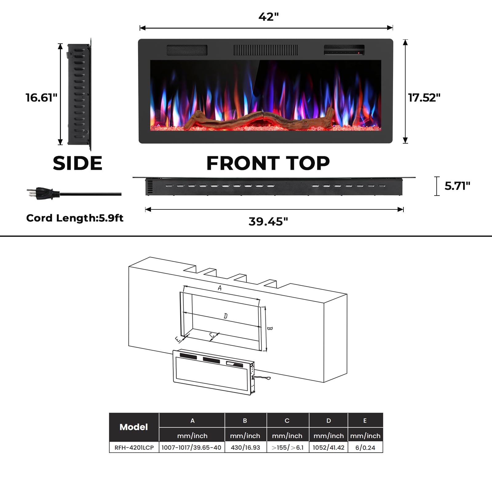 R.W.FLAME 42 Inch Electric Fireplace,Recessed & Wall Mounted Indoor Smart Fireplace Heater,Adjustable Flame Color & Speed,Touch Screen & Remote Control,Low Noise,with Timer,Alexa/WiFi Enabled