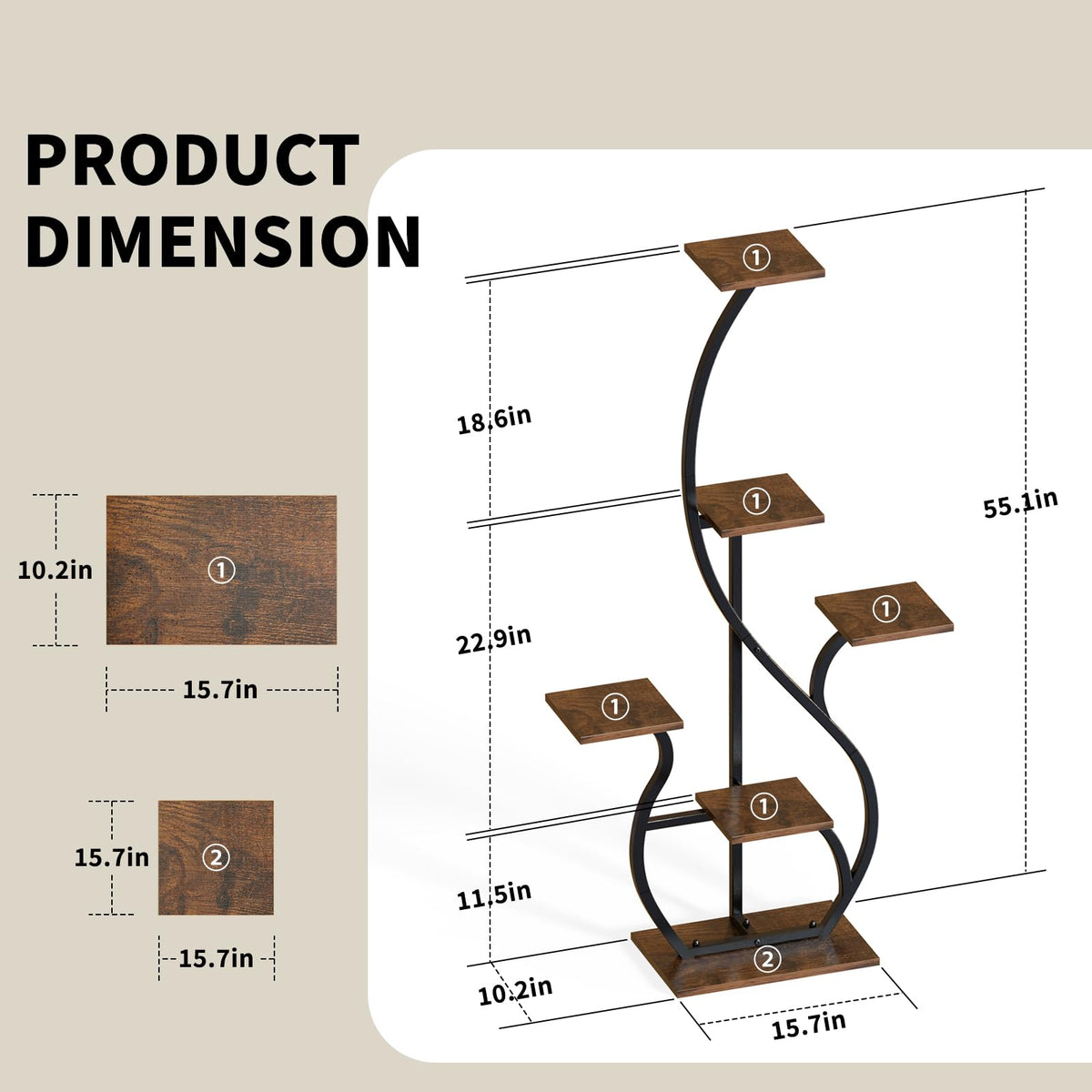 BACEKOLL Plant Stand with Grow Lights 6 Tier 55" S-Shaped Plant Shelf Black