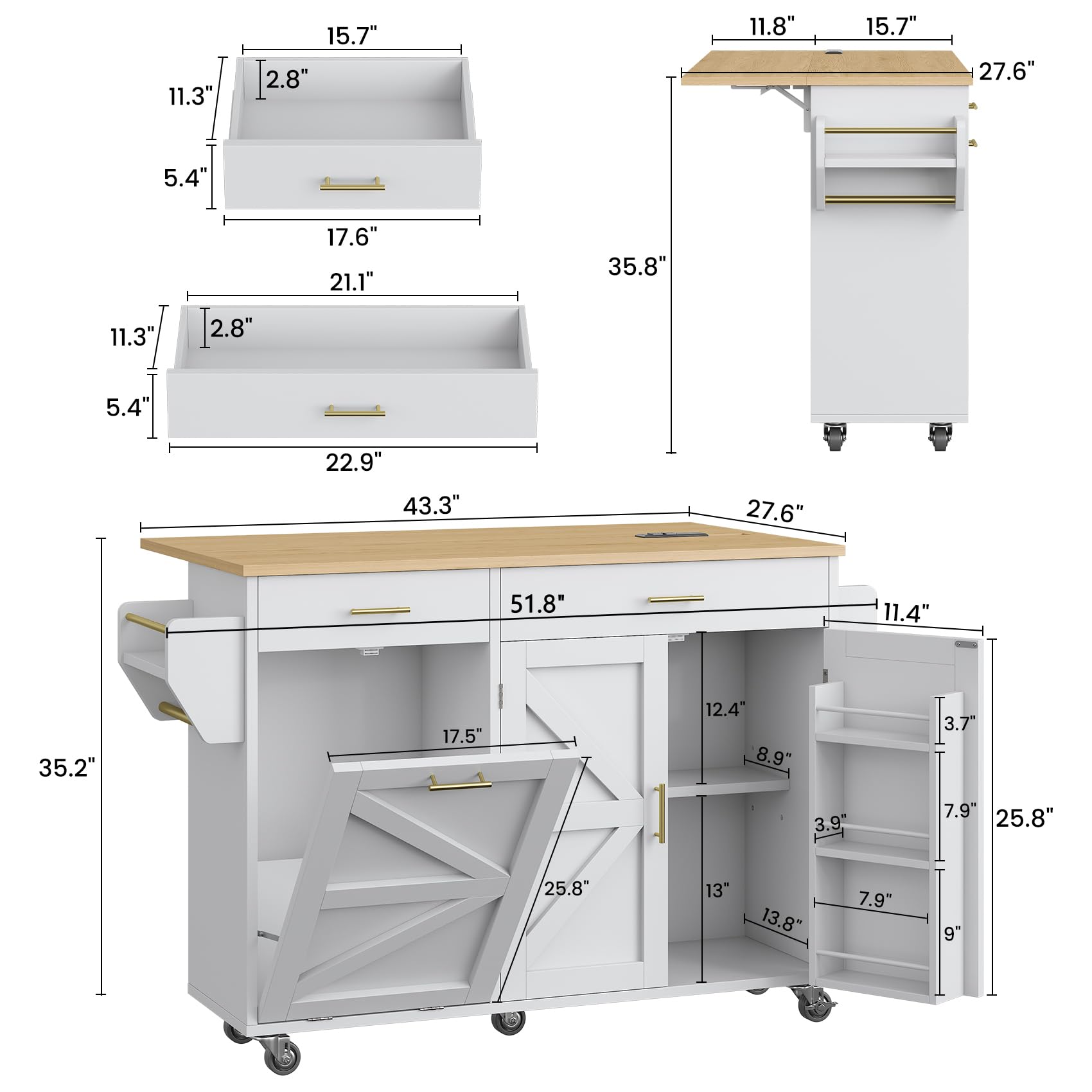 VVFLU 51.8" Kitchen Island Cart with Trash Can Storage, Kitchen Island on Wheels with Power Outlet & Drop Leaf, Rolling Kitchen Cart with Towel Rack & Spice Rack, Mobile Islands Table for Kitchen
