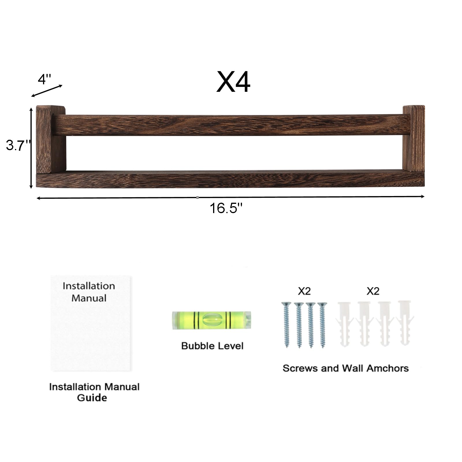 DUICIRX Nursery Room Shelves Set of 4, Wood Floating Book Shelves for Kids Room, Baby Book Shelf for Nursery, Kitchen Spice Rack (Carbonized Brown)