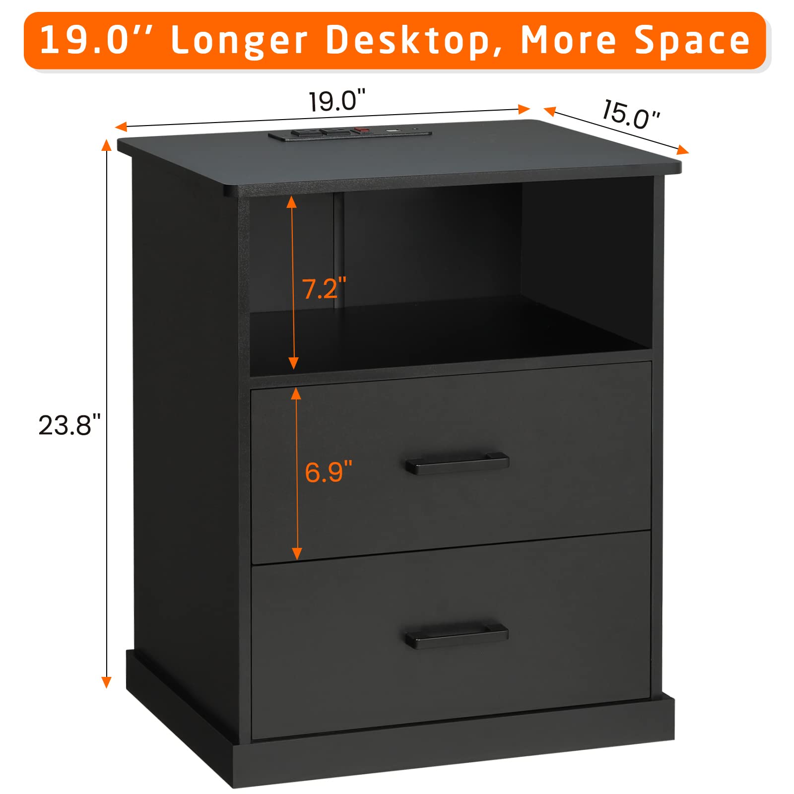 Nightstand with Charging Station & Storage Drawers