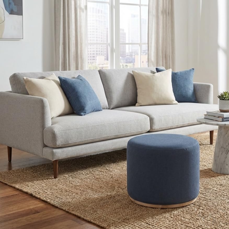 Round Upholstered Ottoman with Wood Base