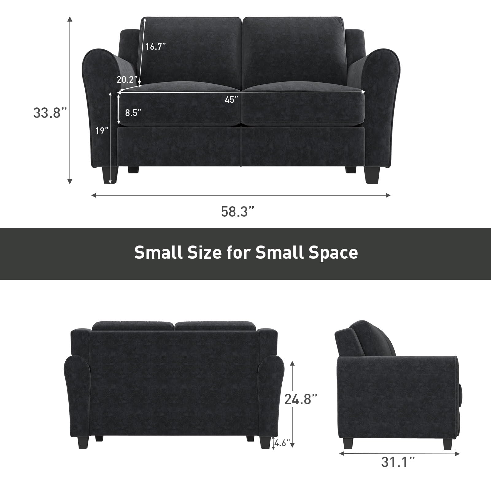 Bonzy Home 58" Black Loveseat Sofa Couch for Living Room, 2 Seater Love Seat for Small Spaces, Modern Couches with Thick Cushion for Home Apartment Office
