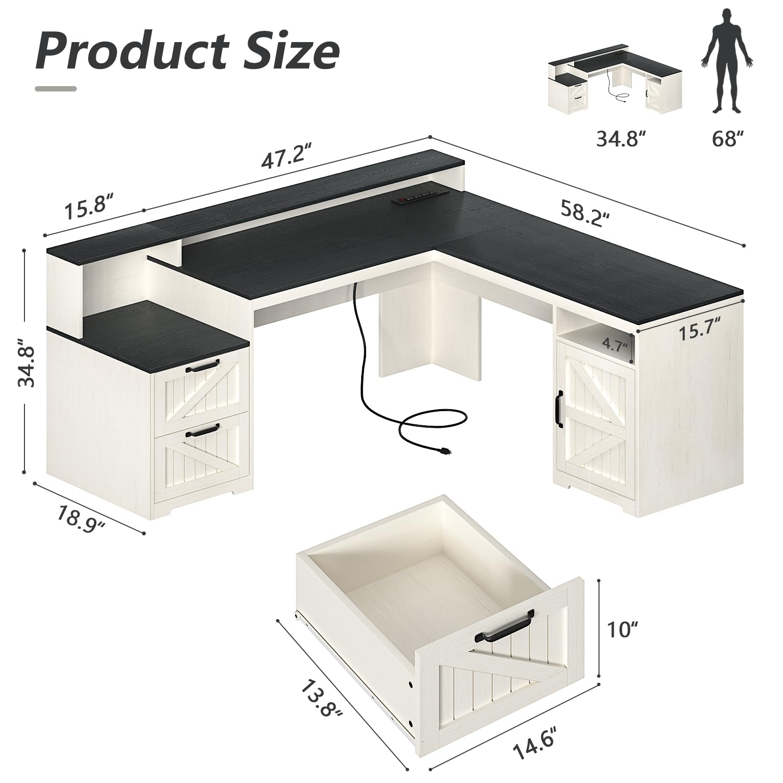 YOMILUVE 63" Farmhouse L Shaped Executive Desk with Drawers & Storage Shelf, Corner Computer Desk with Power Outlets, L Shaped Office Desk with Monitor Stand, Printer Shelf, Black and White
