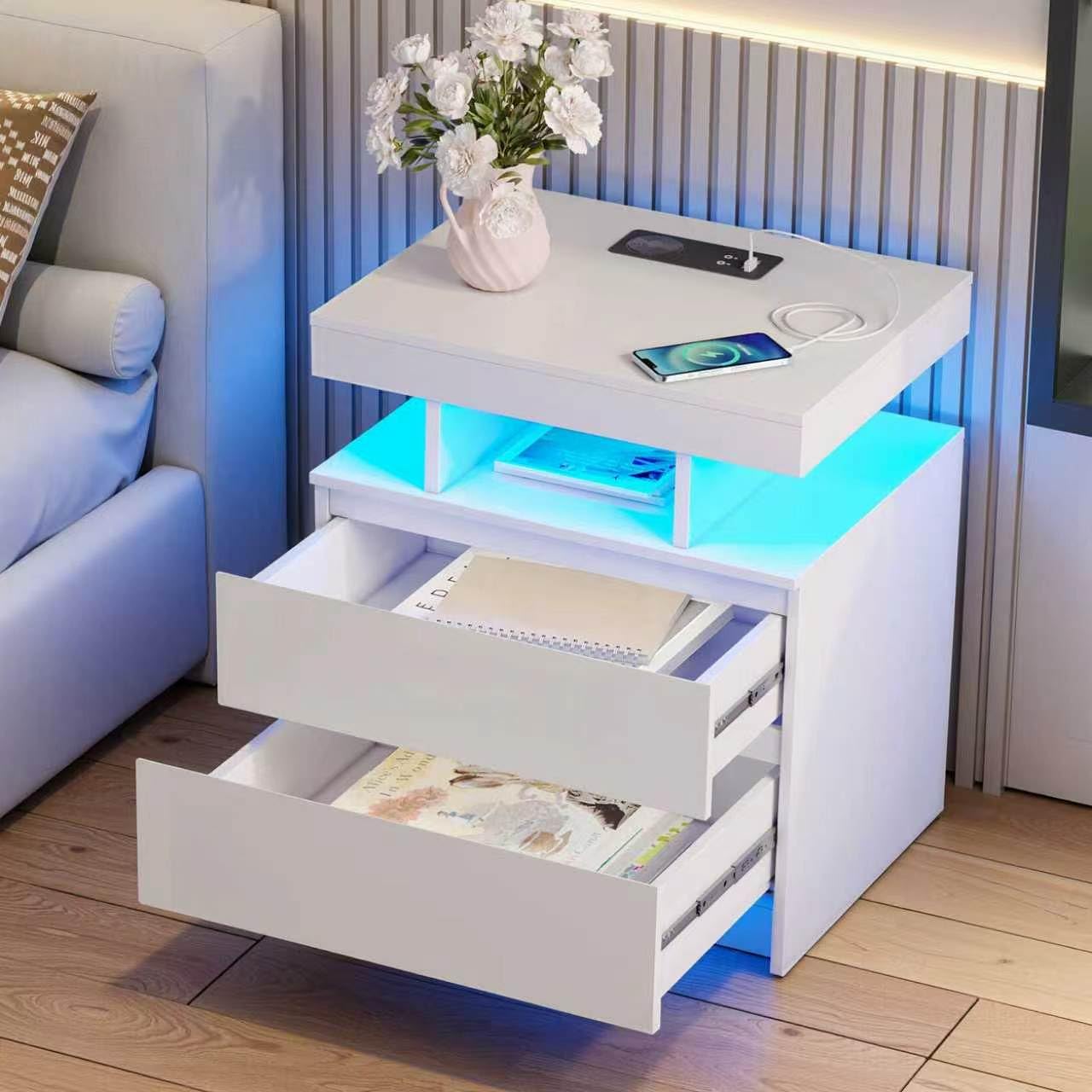 dnbss Nightstand with Charging Station and LED Light, Modern Night Stand with 2 Drawers, Smart Nightstand with USB Ports and Wireless Charger, Bedside Table for Bedroom, White