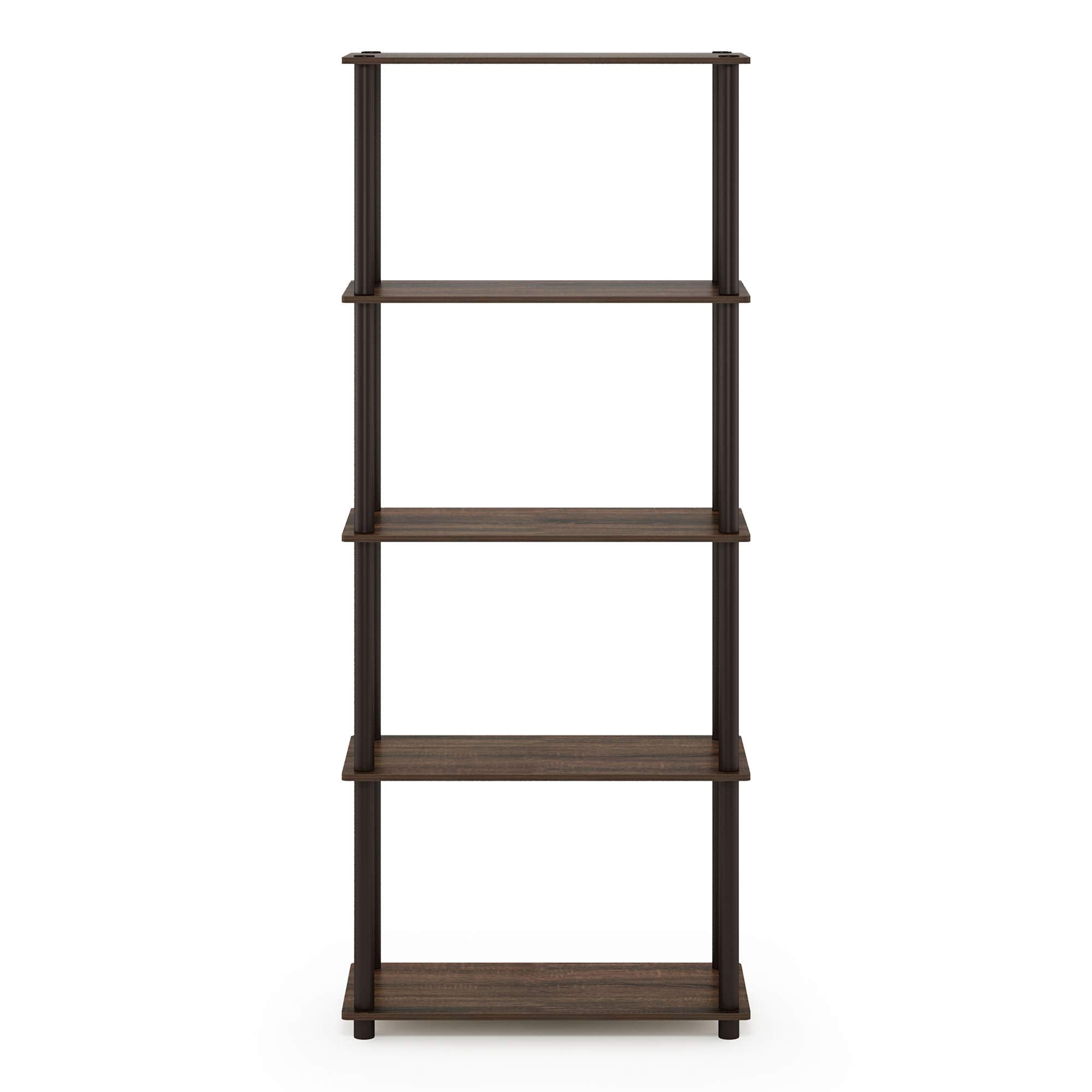 Furinno TURN-N-TUBE Storage Shelves, 5-Tier Book Shelf, Corner Shelf, Toolless Open Shelves, for Organization and Storage, Living Room, Garage, Home Office, Walnut