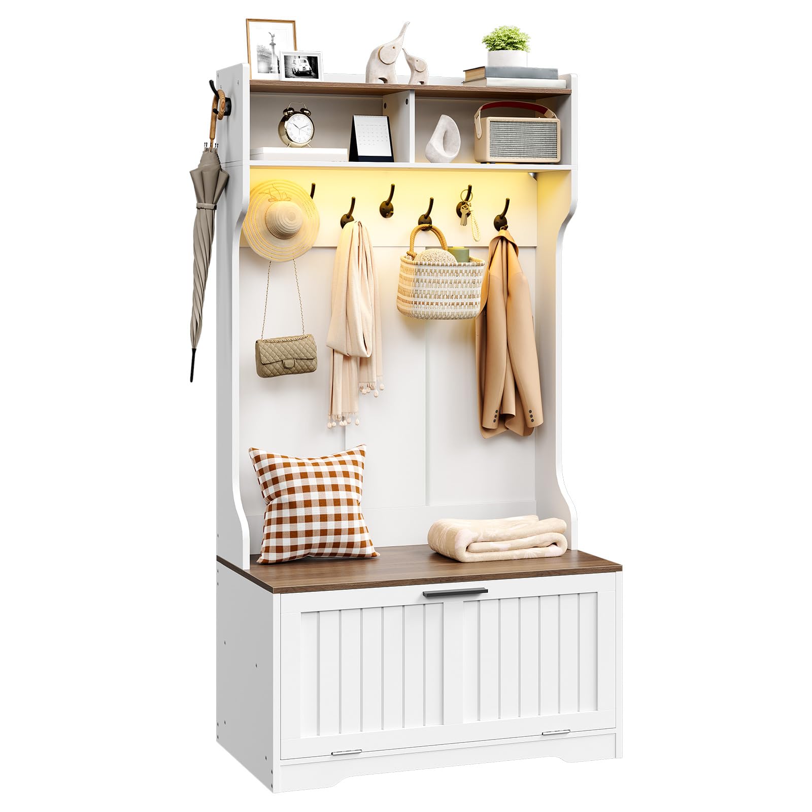 4-in-1 Hall Tree with Bench, Shoe Cabinet, 9 Hooks & LED Light Strip