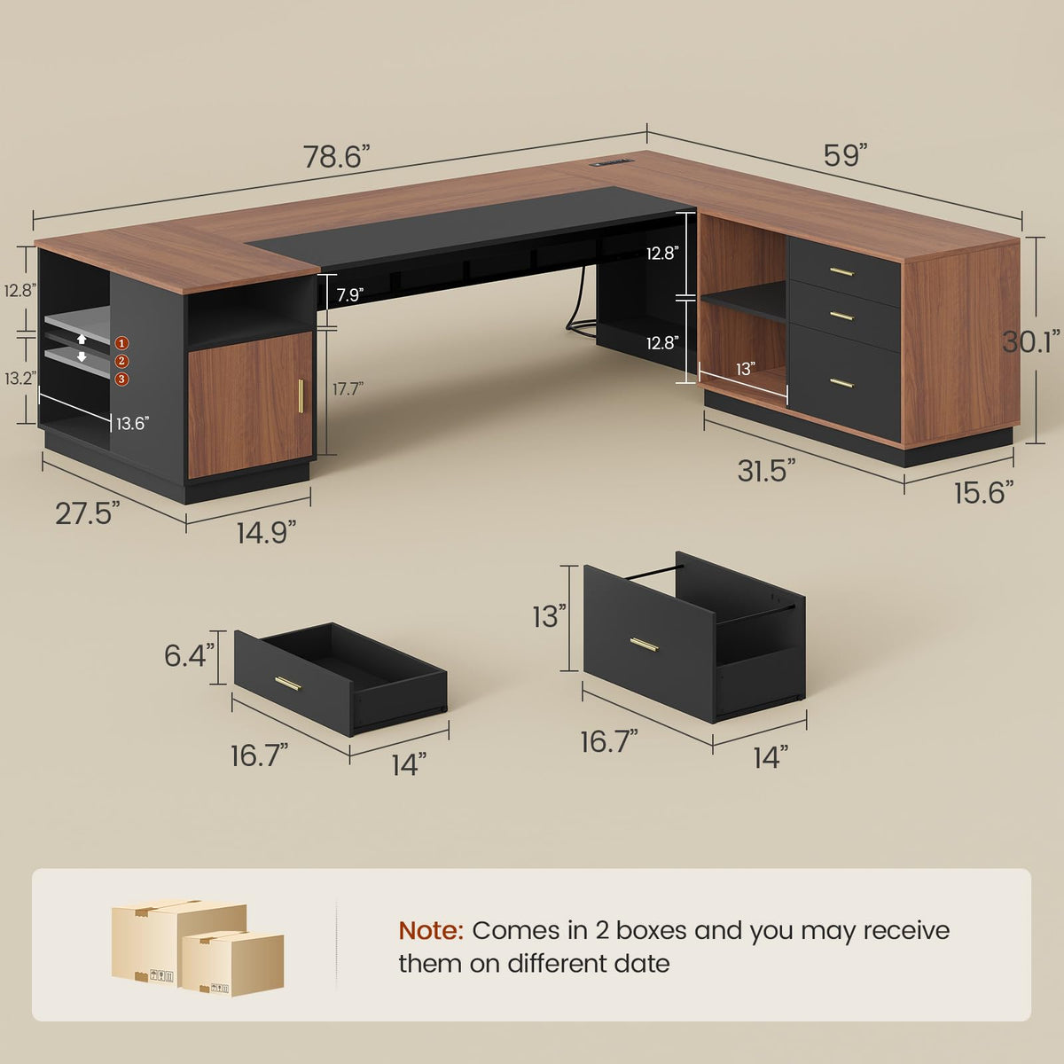 L-Shaped Executive Desk with File Cabinet
