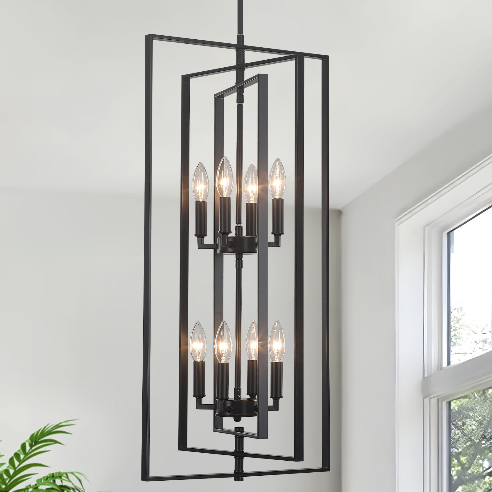 ZJVAIVE Entry Chandeliers for High Ceilings 8 Lights Black Farmhouse Chandelier Lantern Tiered Light Fixtures Rustic Industrial Hight Ceiling Lighting for Entryway Living Room Kitchen Staircase