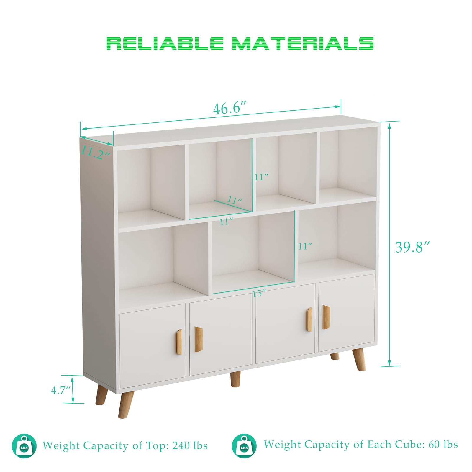 11-Cube Bookcase with Doors & Solid Wood Legs