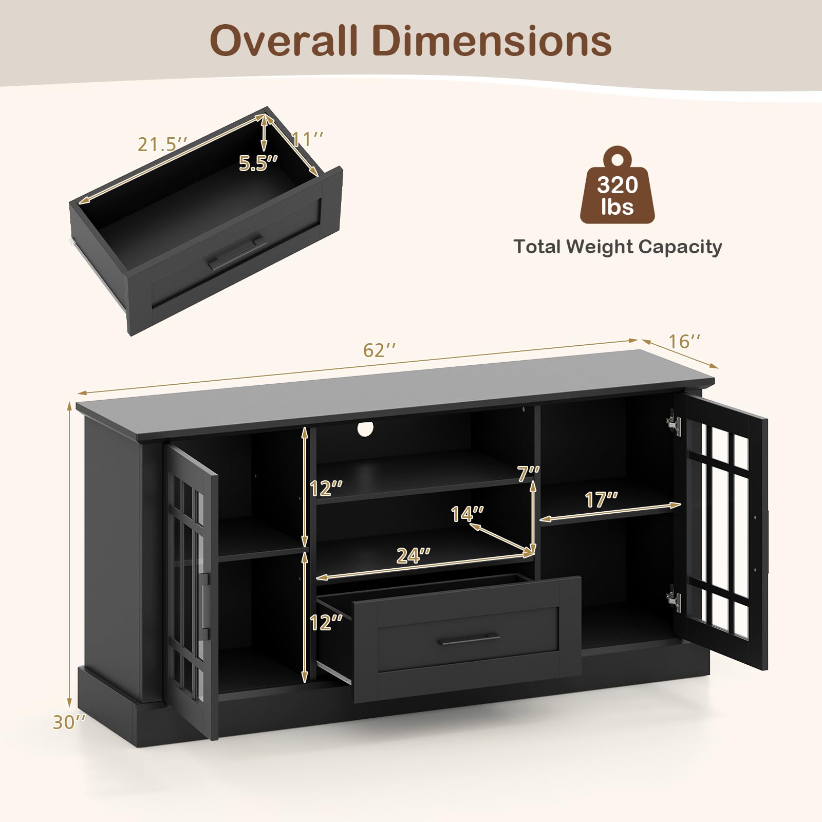 Farmhouse TV Stand with Glass Cabinets & Drawer