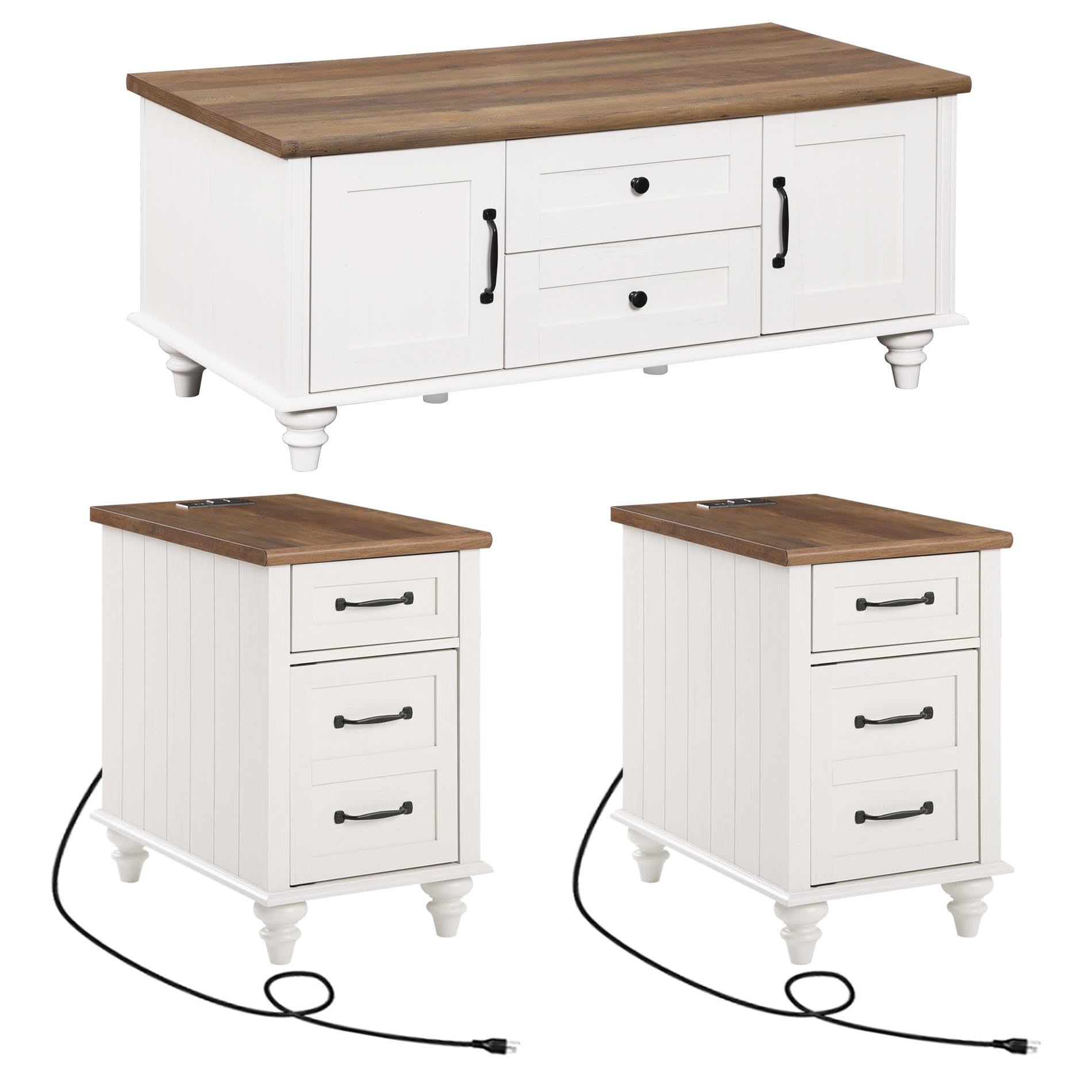 WAMPAT 3 Pieces Living Room Table Set, One Modern Coffee Table with Storage Cabinet, Set of 2 End Tables Nightstands with Charging Station, White
