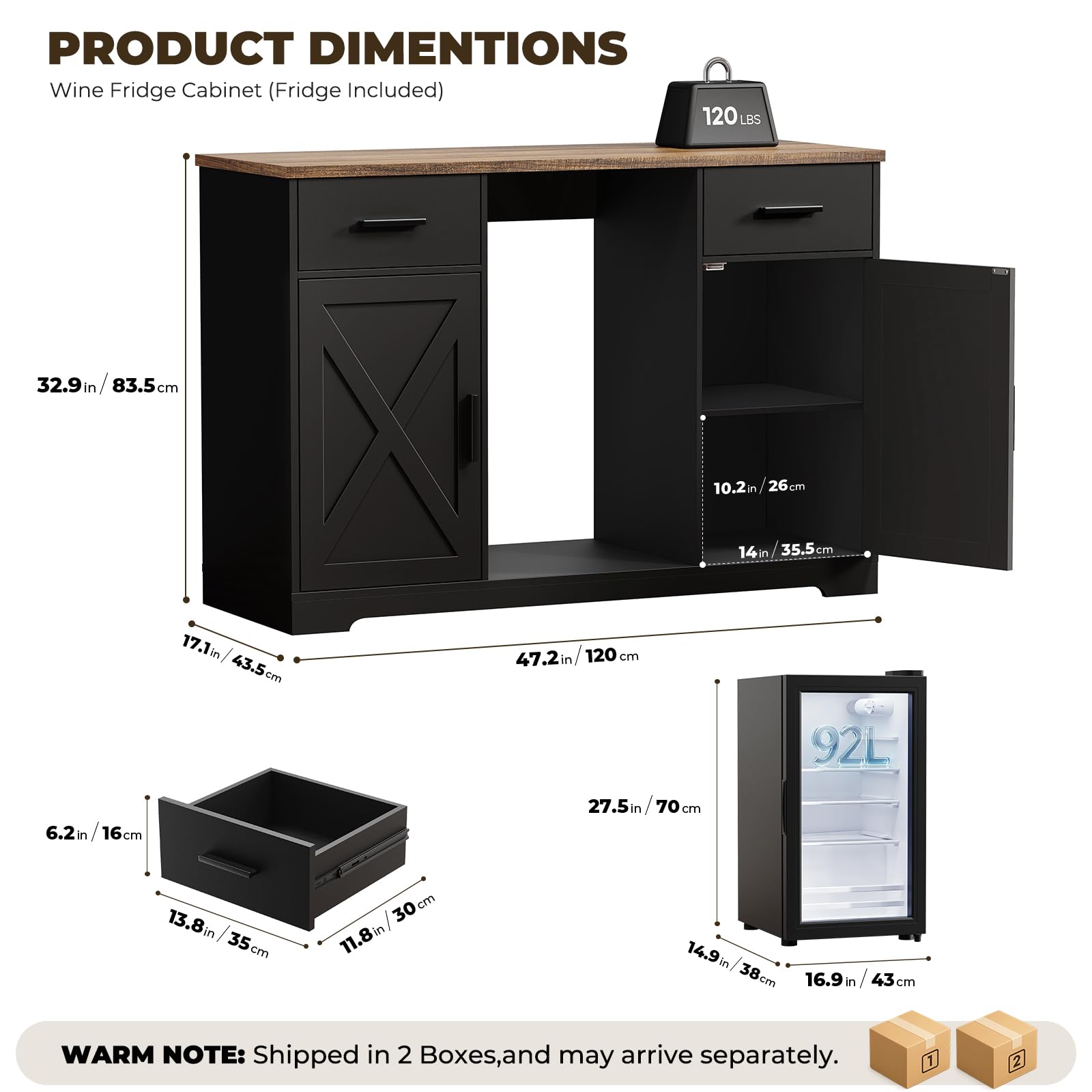 Aauro Home Large Coffee Bar Cabinet with Fridge (Fridge Included), 47'' Farmhouse Bar Cabinet with Wine Storage, Buffet Sideboard Table Station with 2 Drawers & Large Countertop for Home, Black