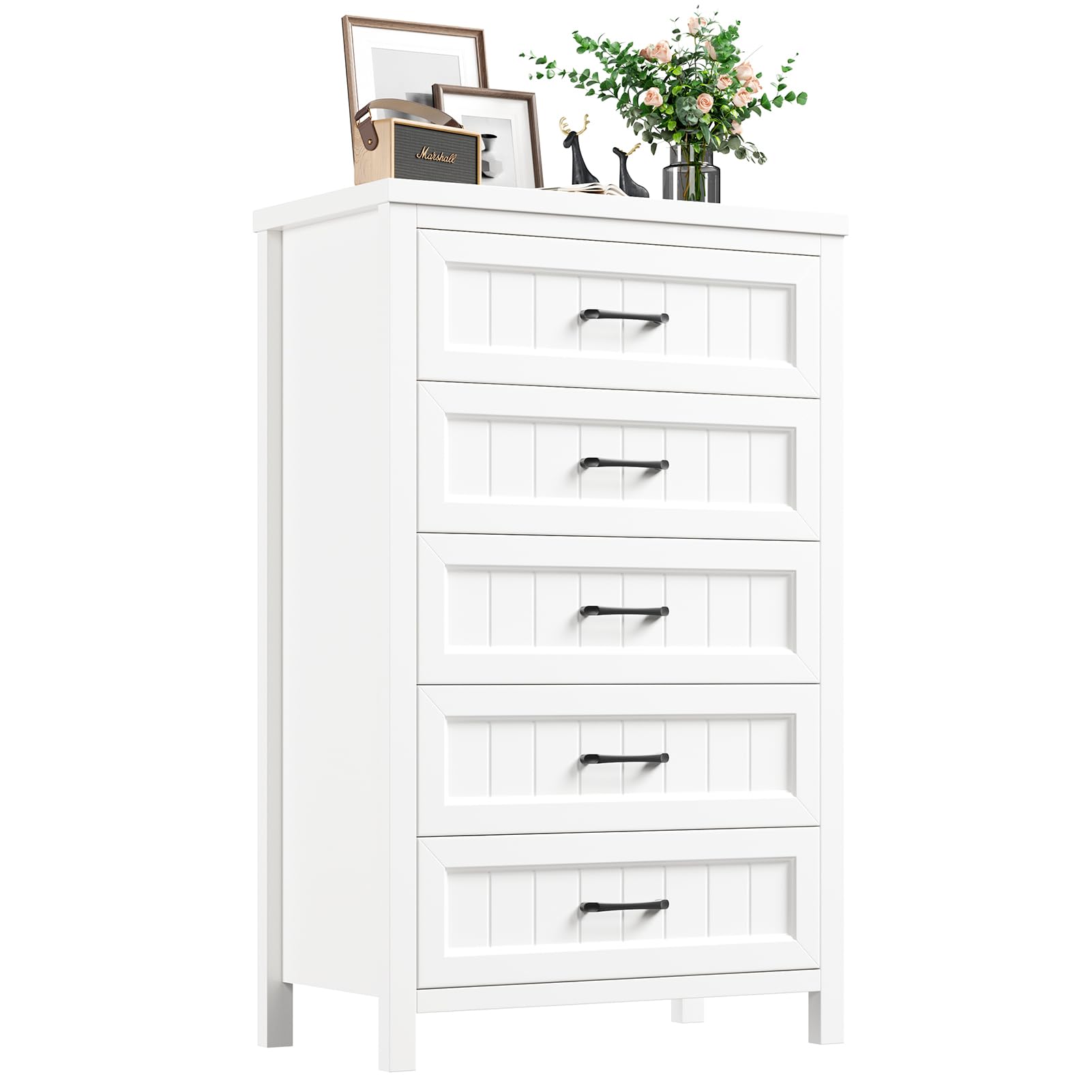 Jocoevol 5 Drawer Dresser for Bedroom - Farmhouse 44.9" Tall Chest of Dresser with Large Storage, Rubst Wood Construction for Living Room, Hallway & Entryway - White