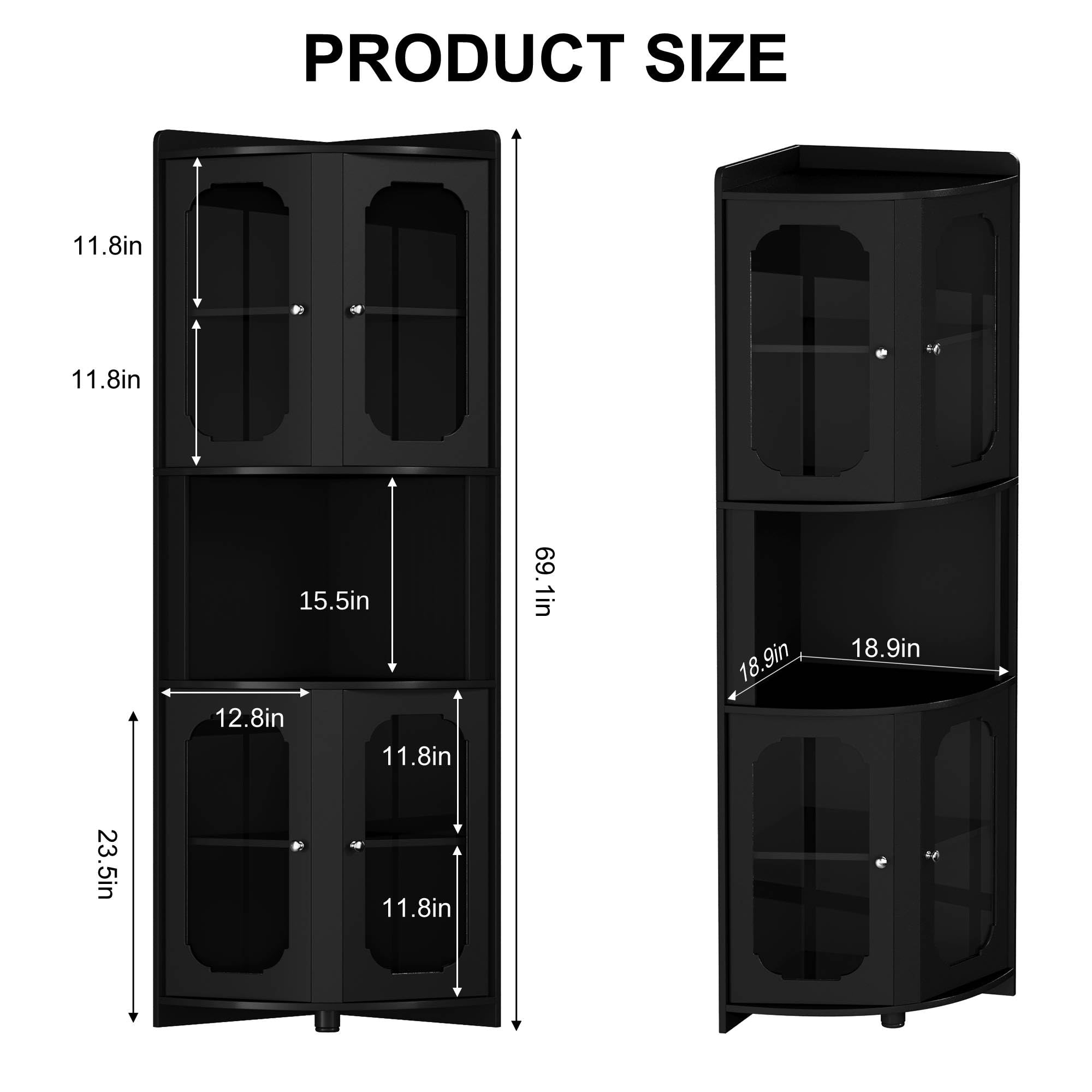 Corner Storage Cabinet 69" Tall | 5-Tier Shelves & Glass Doors