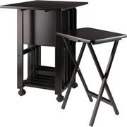 HomeStock 5-Piece Snack Table Set with Double Drop-Leaf Storage Table, 4 Folding Snack Tables, Grooved Slots, Solid Wood Design, and Rolling Casters Coffee