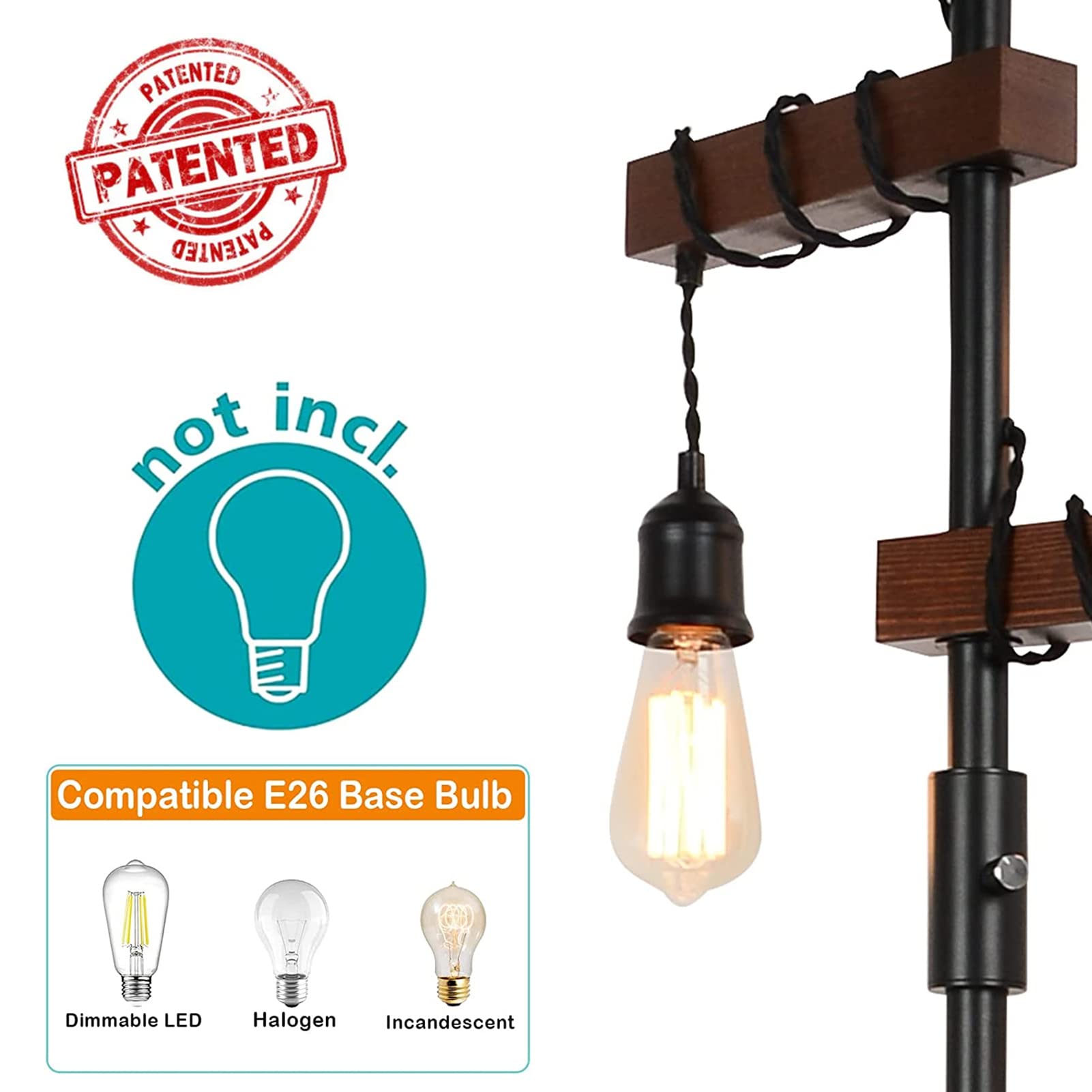 3-Head Wood Floor Lamp with Dimmable Switch