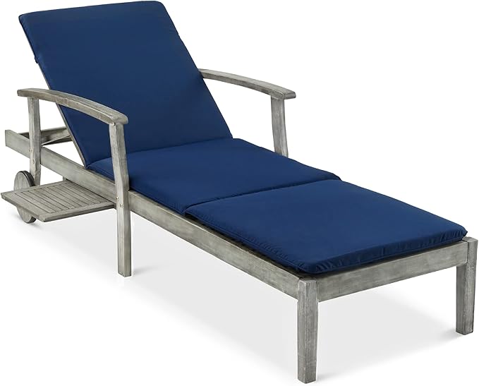 Acacia Wood Outdoor Chaise Lounge Chair with Slide-Out Side Table