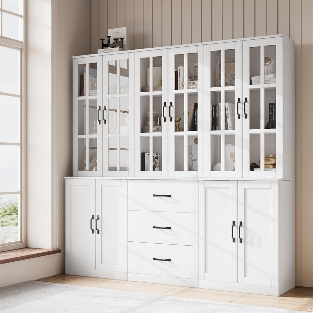 VOWNER Bookcase with Glass Doors, 5-Tier Modern Bookshelf with Large Drawer, Glass Display Cabinet with Large Storage Shelf, Combination Storage Cabinet for Home Office, ABCDE (White)
