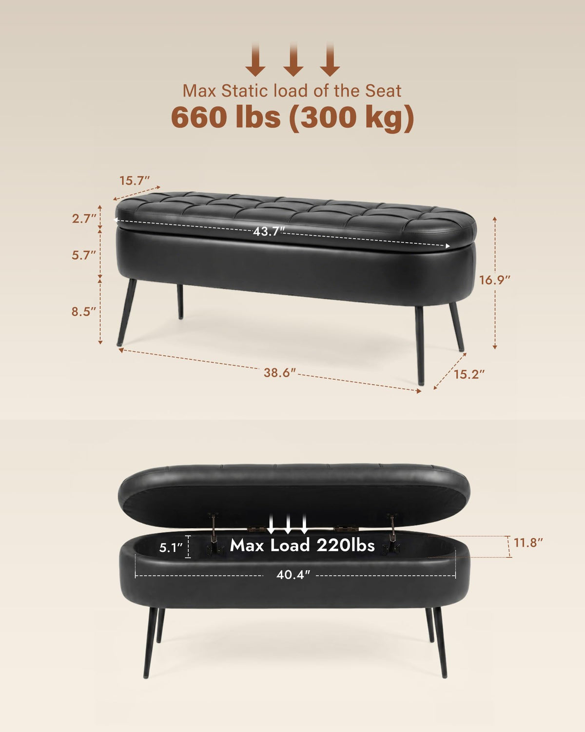 VATROS Storage Ottoman Bench, 43.7" PU Leather End of Bed Bench Black