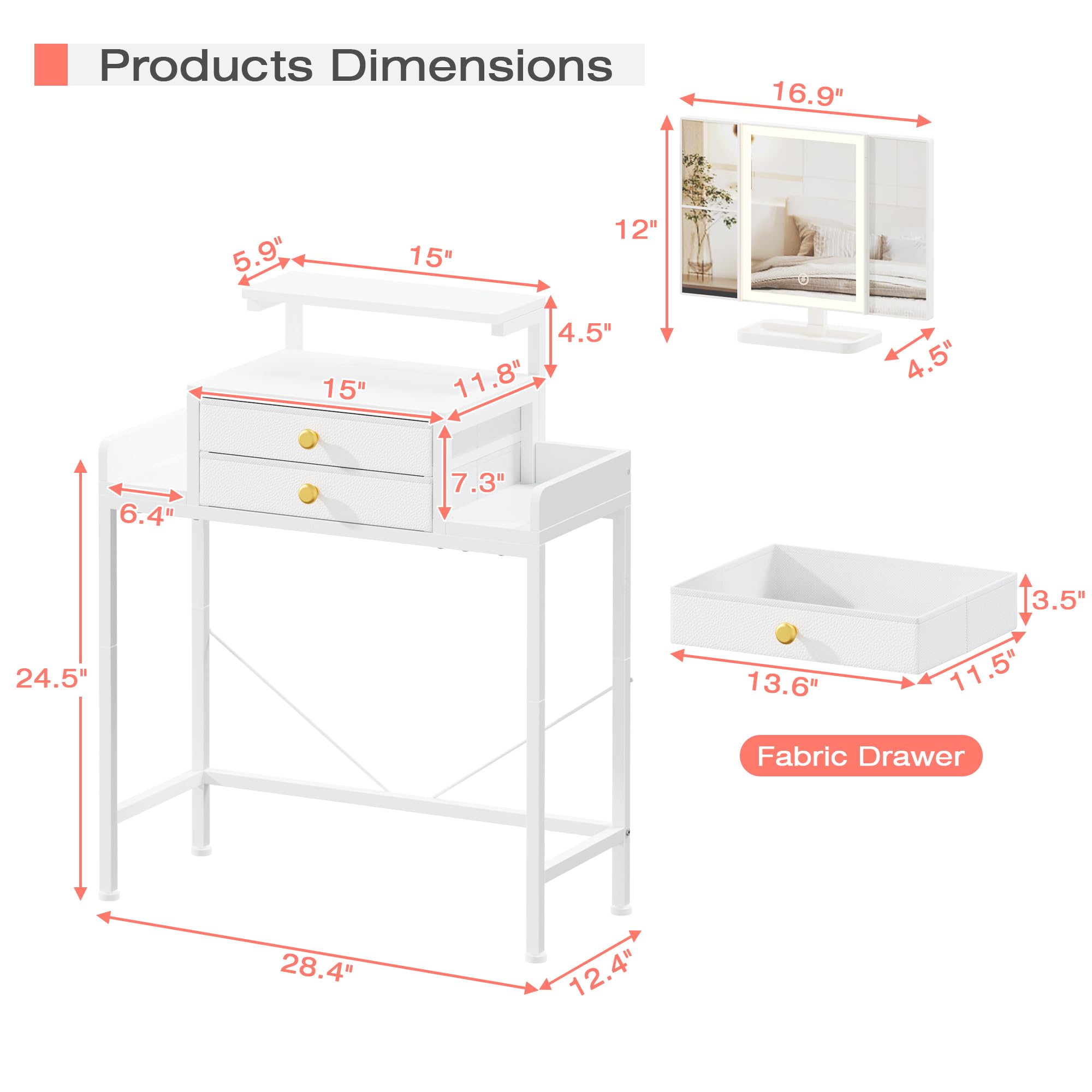 HIGDBFE Vanity Desk with Mirror and Lights, 28.4''W Small Makeup Vanity Table with Height-Adjustable Stand, 2 Fabric Drawers Compact Makeup Desk, Gift for Girls, Bedroom Small Space, White