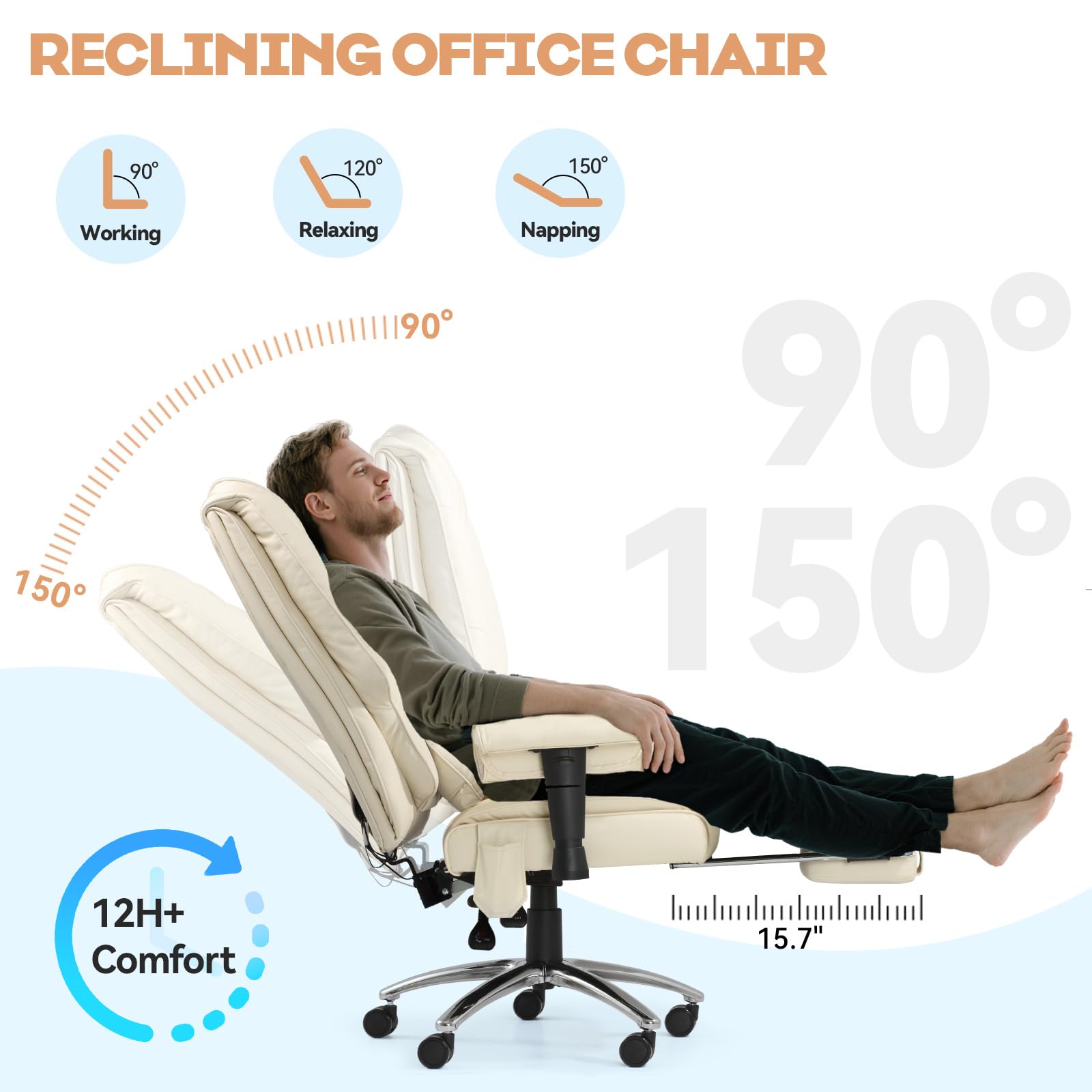 Mvpipi Vibrate Massage & Heating Office Chair, Executive Office Chair with Reclining Backrest, Adjustable Arms & Lumbar Support, High Back Leather Desk Chairs w/Foot Res for Home Office, Beige