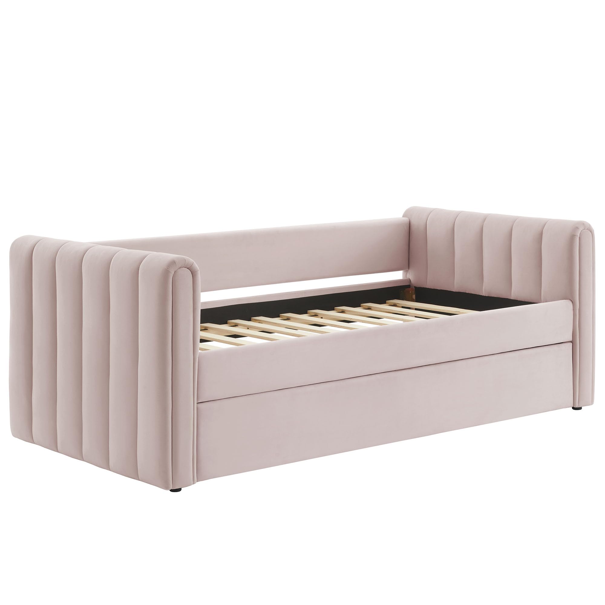Veyla Twin Size Performance Velvet Daybed in Pink with Trundle – Channel Tufted Upholstered Sofa Bed with Wood Slat Support