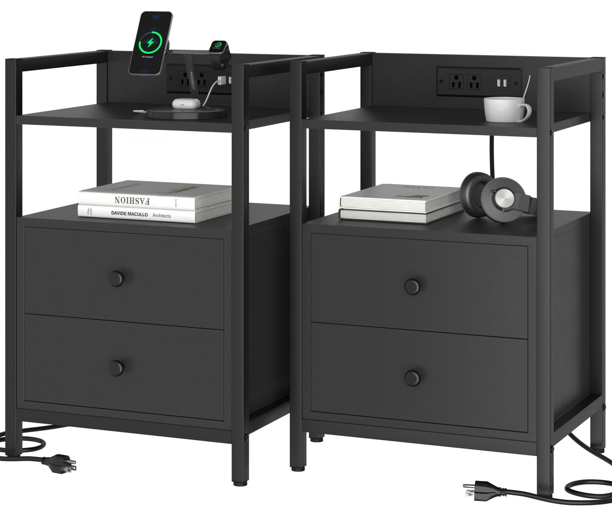 Black Nightstands with Charging Station, Set of 2