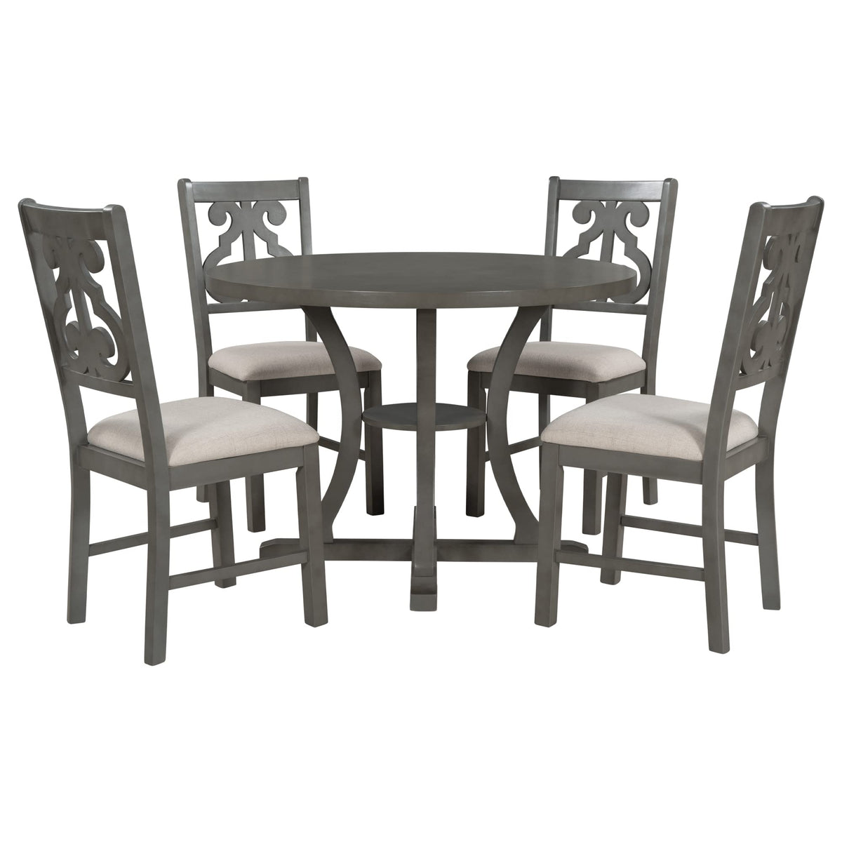 Merax 5 Piece Round Dining Table Set 4 Retro Chairs with Special-Shaped Table Legs, Exquisitely Designed Hollow Chair Back for Dining Room, Grey