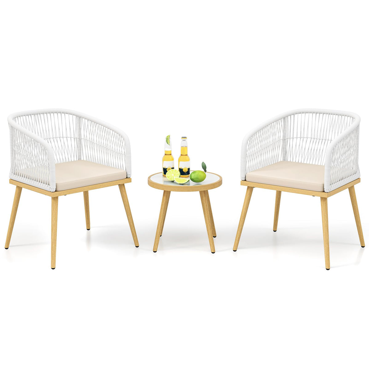 Tangkula 3 Pieces Patio Bistro Set, Outdoor PE Wicker Conversation Furniture Set with Cushions, Tempered Glass Coffee Table and Galvanized Metal Frame, Outdoor Rattan Chair Set for Porch, Balcony