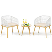 Tangkula 3 Pieces Patio Bistro Set, Outdoor PE Wicker Conversation Furniture Set with Cushions, Tempered Glass Coffee Table and Galvanized Metal Frame, Outdoor Rattan Chair Set for Porch, Balcony