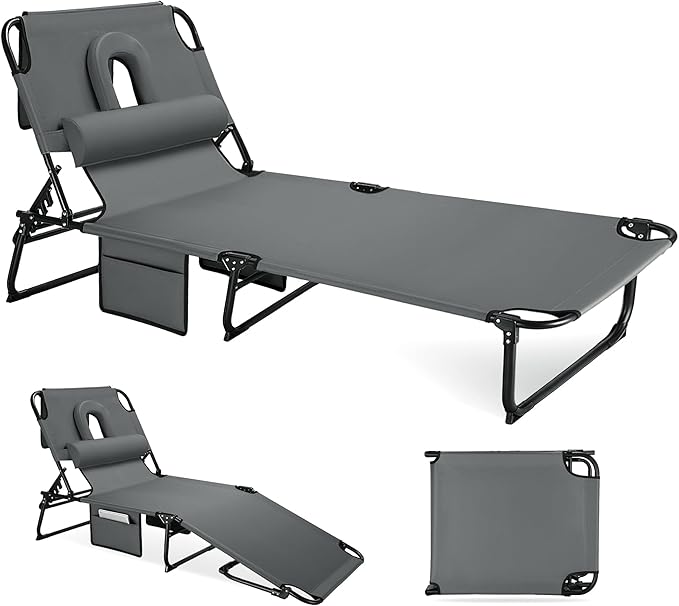 Folding Sun Tanning Lounge Chair with Face Hole, 5-Position Adjustable, 2 Side Pockets & Pillow