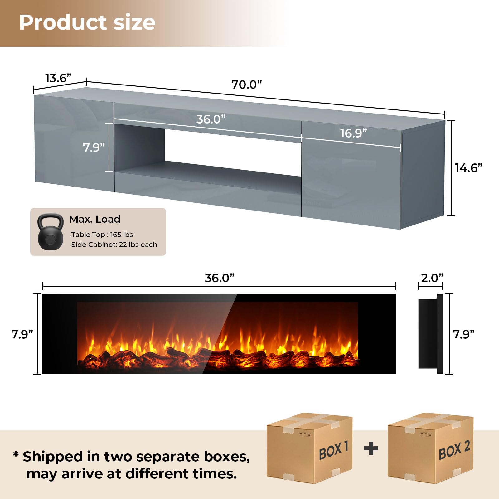BREEZEHEAT 70'' Floating TV Stand with Fireplace, Modern Wall Mounted Entertainment Center for TVs Up to 80", High Gloss Media Console for Living Room, Decorative Faux Fireplace, Remote Control, Grey