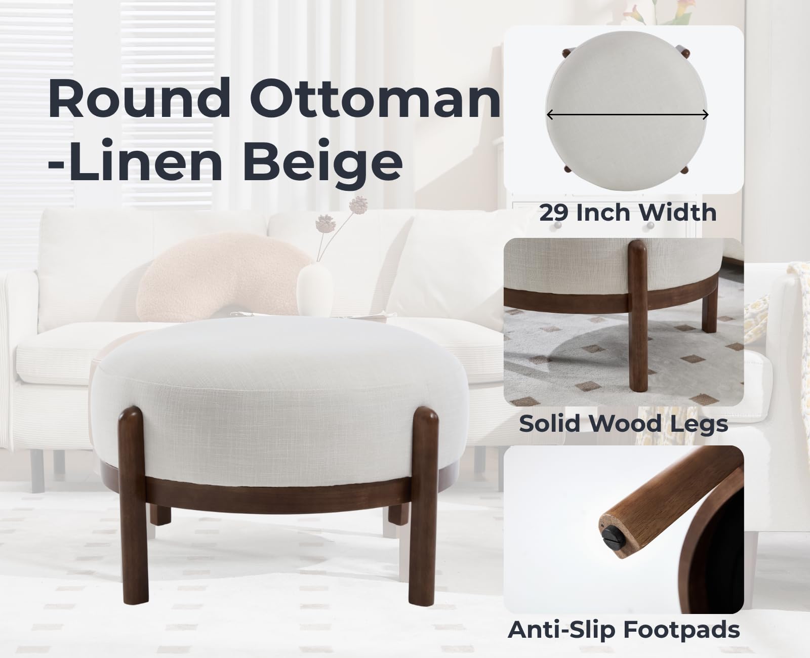 Round Upholstered Ottoman with Wood Legs