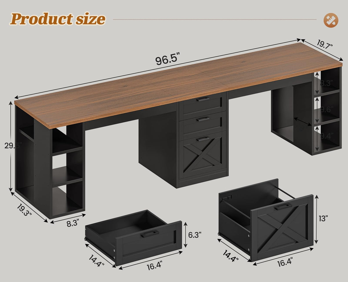 SEDETA Farmhouse 96.5" 2 Person Home Office Desk with Drawers