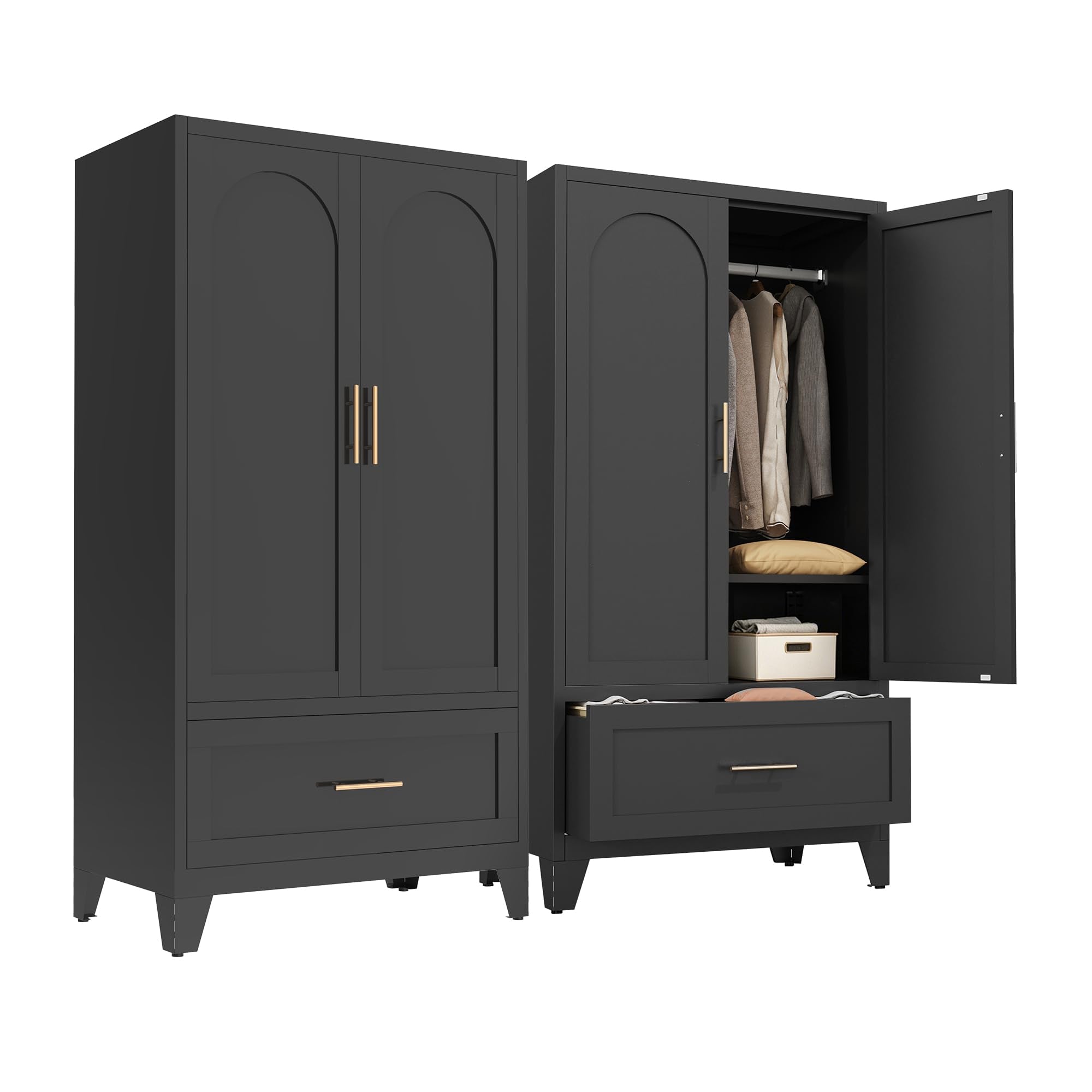 Steel Wardrobe Cabinet with Drawer, Hanging Rod & 2 Doors